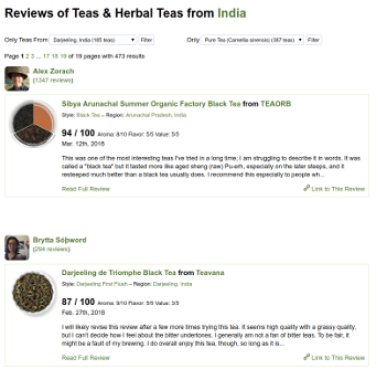 Screenshot of RateTea's feed of reviews of teas from India