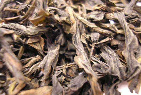 Large, extremely wrinkly tea leaves, long, slighty twisted, golden to brown in color