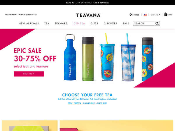 Screenshot of Teavana website advertising epic sale, 30-75% off select teas and teaware