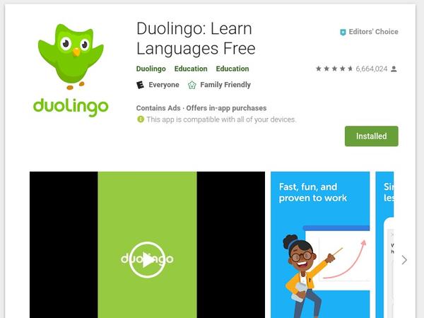 Screenshot of Duolingo's page on Google play store, showing title, rating, and a video