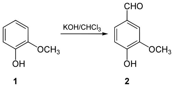 Diagram of Chemical Reaction showing Guaiacol on left, arrow pointing right with KOH/CHCl3 written above, and Vanillin on right