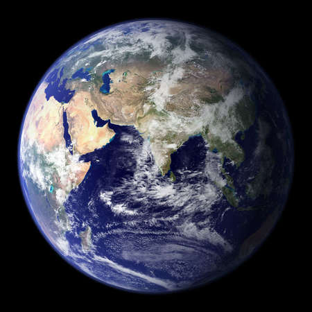 View of Earth from space, India in center, Middle East and northeast Africa on left, Southeast Asia to right